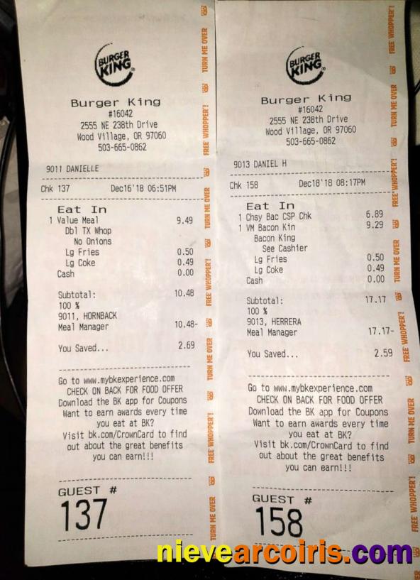 Burger King payment receipt